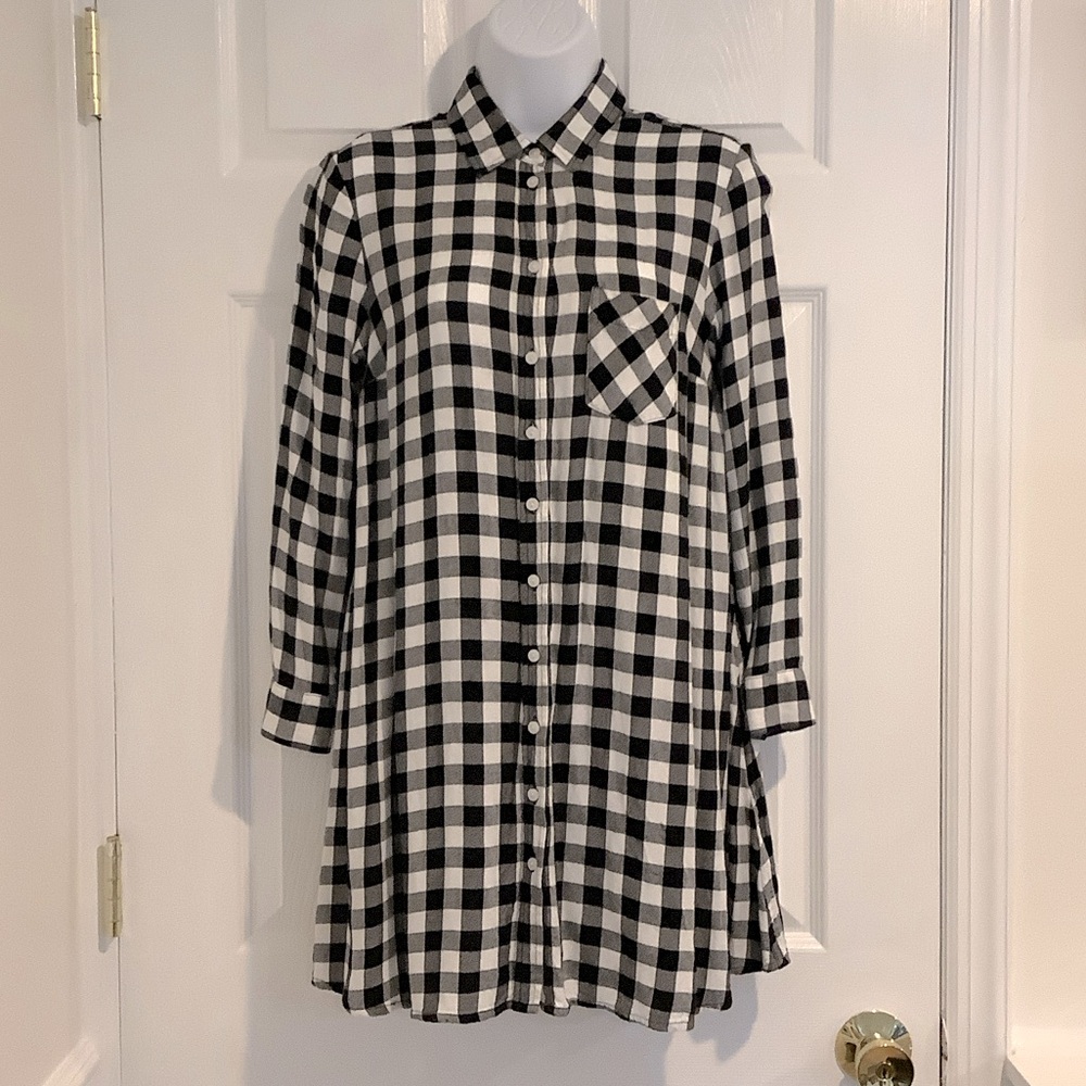 OLD NAVY Oversized Black/White Country Concert Buffalo Plaid Fall Shirt Dress XS